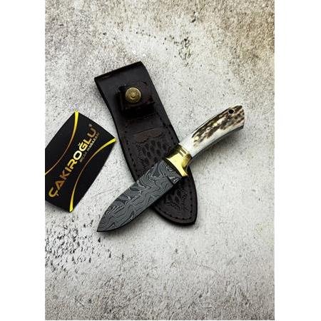 El Yapımı Özel Üretim Damascus Çelik Geyik Boynuzu Kabzeli Küçük Boy Bushcraft Avcı Av Kamp Bıçağı - Çakıroğlu
