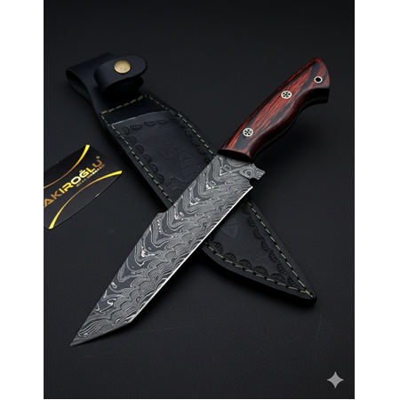 El Yapımı Özel Üretim Ve Özel Seri Cocobolo Ağaç Damascus Çelik Tanto Avcı Kamp Bıçağı Kod:ckr613-07 - Çakıroğlu