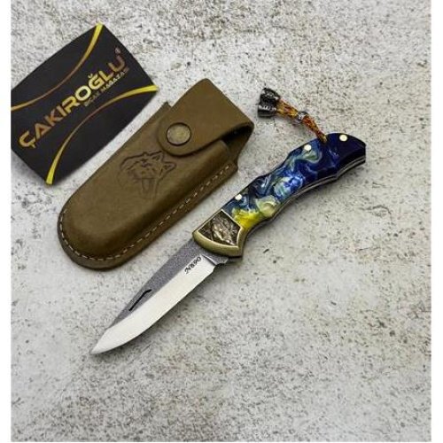 El Yapımı Yerli Üretim N690 Böhler Çelik Epoksi Kehribar Kabzeli Küçük Boy Av Kamp Çakısı 0850/18 - Çakıroğlu