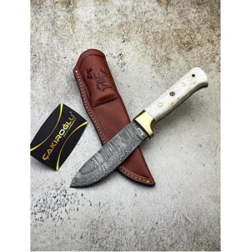 El Yapımı Özel Üretim Damascus Çelik Geyik Boynuzu Kabzeli Bushcraft Av Kamp Bıçağı Kod:ckr622-02 - Çakıroğlu