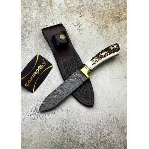 El Yapımı Özel Üretim Damascus Çelik Geyik Boynuzu Kabzeli Büyük Boy Bushcraft Avcı Av Kamp Bıçağı - Çakıroğlu