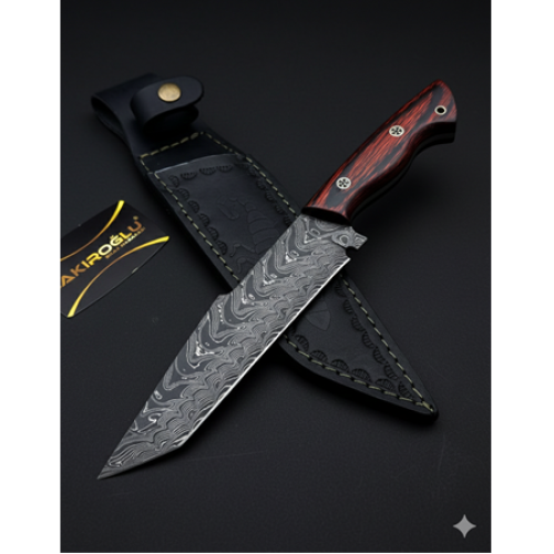 El Yapımı Özel Üretim Ve Özel Seri Cocobolo Ağaç Damascus Çelik Tanto Avcı Kamp Bıçağı Kod:ckr613-07 - Çakıroğlu