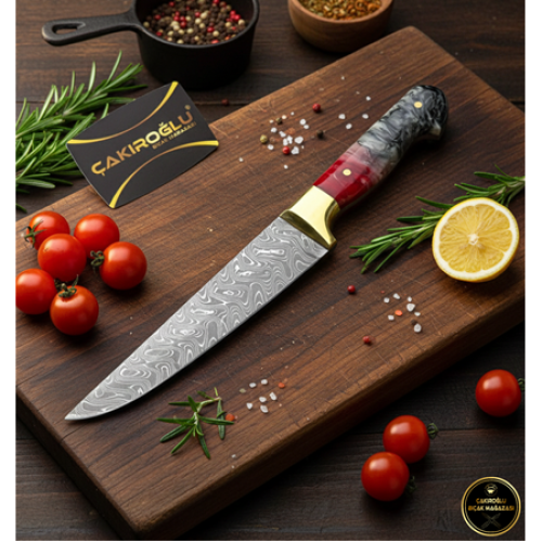 El Yapımı Üst Düzey Özel Üretim Damascus Çelik Epoksi Kabzeli Kurban Kesim Bıçağı Kod.ckr830-02 - Çakıroğlu
