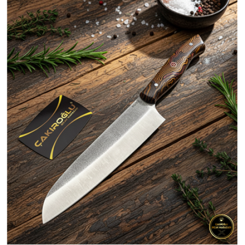 El Yapımı Yerli Üretim N690 Böhler Santoku Model G.carta (cigarta) Kabzeli Şef Aşçı Bıçağı Ckr834 - Çakıroğlu