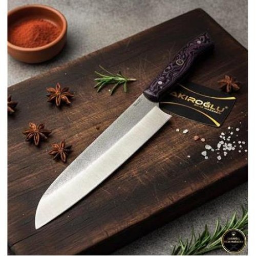 El Yapımı Yerli Üretim N690 Böhler Santoku Model Mikarta Kabzeli Şef Aşçı Bıçağı Ckr834-03 - Çakıroğlu